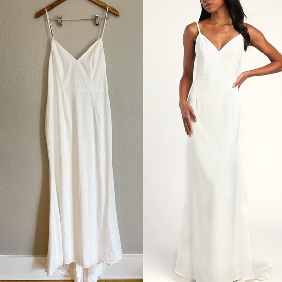 Adoring Promise Ivory Satin Lace V-Neck Mermaid Dress - Picture 1 of 9